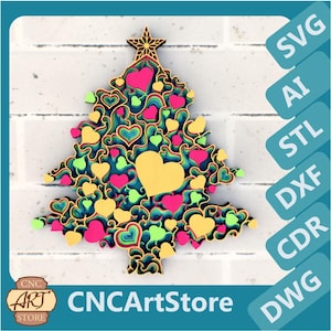 Christmas tree made of hearts 3D Mandala svg, Panel for Laser Cutting, layered SVG files for CNC router Laser or Cricut, 3D printer