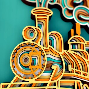 May include: A colorful papercraft train engine with a yellow, orange, and teal color scheme. The engine has a large wheel and a smokestack with a cloud of smoke.