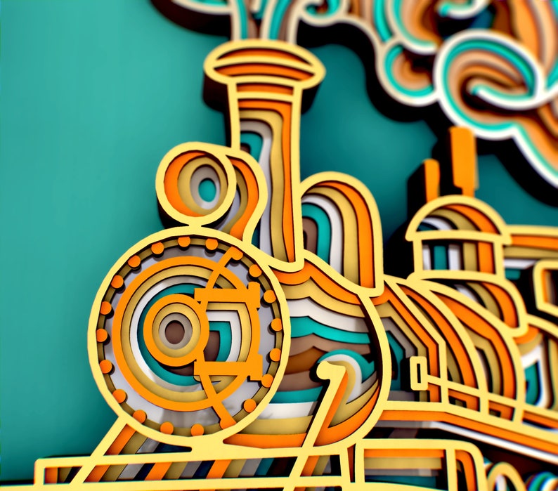 May include: A colorful papercraft train engine with a yellow, orange, and teal color scheme. The engine has a large wheel and a smokestack with a cloud of smoke.