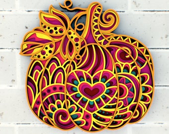 Citrouille magique coeur Decor Mandala 3D SVG, svg Papercut pour couper des fichiers SVG pour Cricut ou routeur CNC