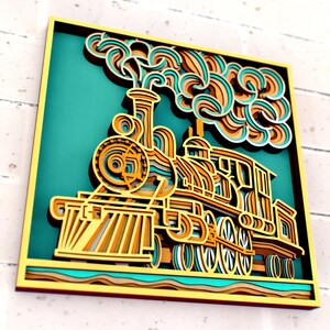 May include: A colorful, layered paper cut-out of a steam train with a blue background. The train is made of yellow, orange, and white paper. The steam is made of blue and white paper.