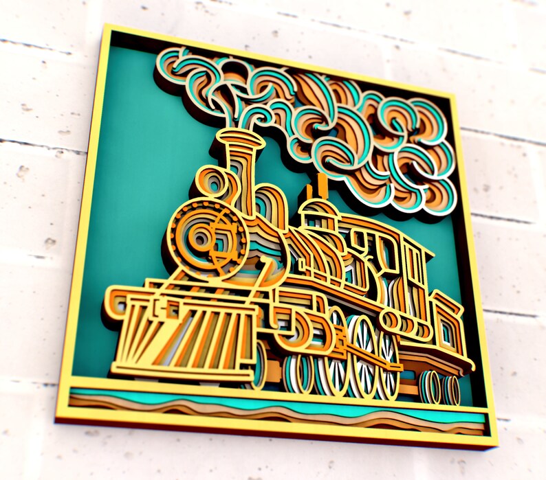 May include: A colorful, layered paper cut-out of a steam train with a blue background. The train is made of yellow, orange, and white paper. The steam is made of blue and white paper.