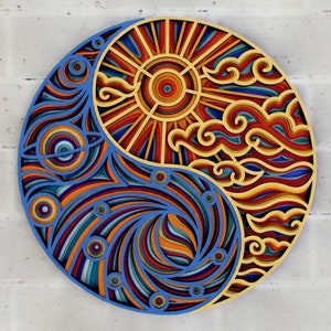Yin et Yang Jour et Nuit 3D Mandala svg, Panneau SVG multicouche pour la découpe laser et Cricut, Modèles DXF pour routeur CNC Glowforge