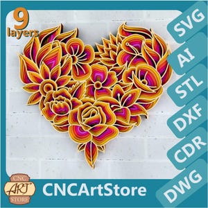 3D Blumen Herz Mandala SVG-Dateien | 3D Mandala-Schicht-Design | Laser Cut Dateien für Glowforge, Cricut, CNC, 3D-Druck, DXF-Vorlagen