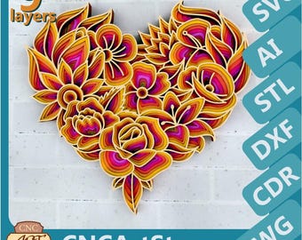 3D bloemen hart mandala SVG-bestanden | 3D-printen met gelaagd ontwerp | Lasergesneden bestanden voor Glowforge, Cricut, CNC, 3D, DXF-sjablonen