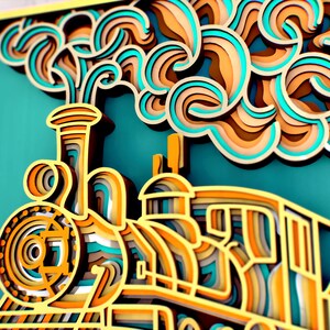 May include: A colorful paper cut-out of a train with a large plume of smoke. The train is made of layered paper in shades of yellow, orange, blue, and green. The smoke is made of layered paper in shades of orange and blue.