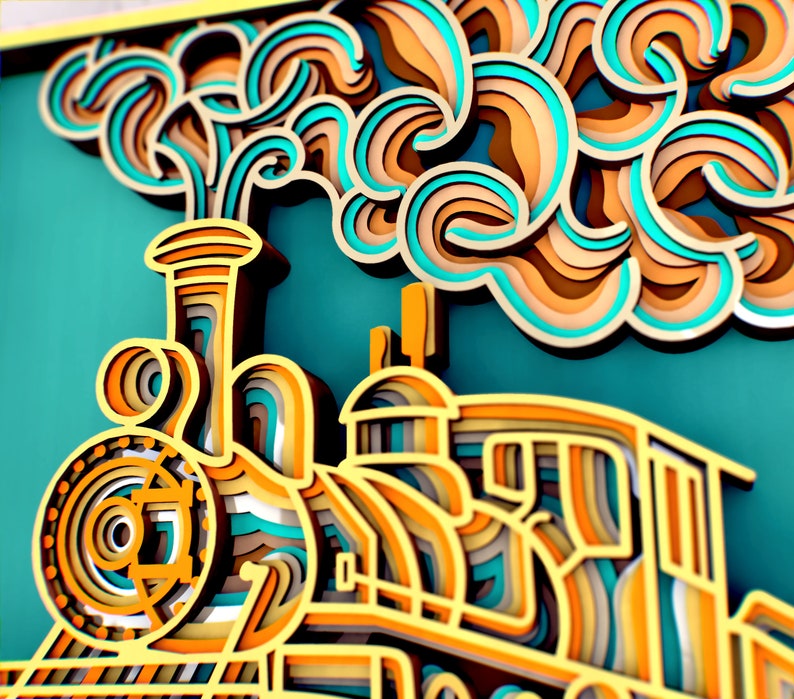 May include: A colorful paper cut-out of a train with a large plume of smoke. The train is made of layered paper in shades of yellow, orange, blue, and green. The smoke is made of layered paper in shades of orange and blue.