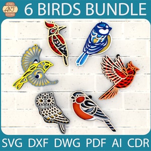 6 Vögel Bundle 3D Mandala SVG-Dateien, Neujahr Dekoration Laserschneidpläne, Cricut, Glowforge, DXF-Vorlagen für CNC-Fräser