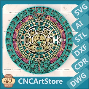 Fichiers SVG Mandala 3D calendrier aztèque, plans de découpe laser décoration, Cricut, Glowforge, modèles DXF pour routeur CNC