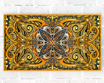 May include: A decorative wall art piece with a intricate, laser-cut design. The design features a central mandala with floral patterns in shades of blue, green, and gold. The background is a solid gold color.