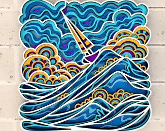 3D Sailboat on the Waves - SVG, Dwg, Dxf, Ai files for Cricut, Silhouette, Glowforge, Laser, or CNC Router Cutting