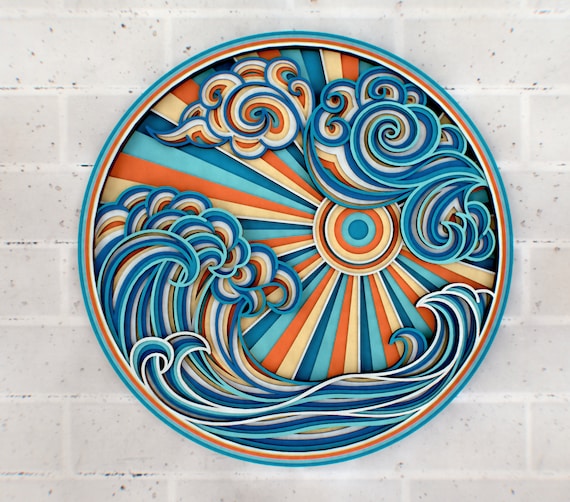 Sea Wave 3D Zentangle svg ファイル、レーザーカット用多層