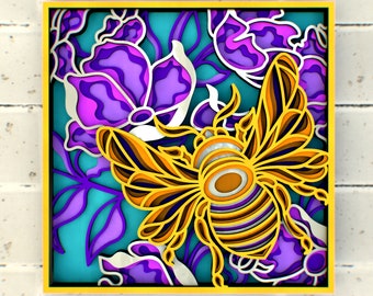 Abelha em flores Arquivos de mandala 3D svg, painel multicamadas para corte a laser, arquivos SVG, modelos DXF para roteador CNC