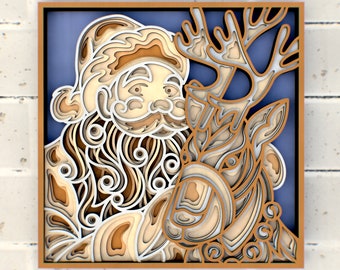 Santa Claus and Reindeer 3D Mandala svg files, Multilayer Panel for Laser Cutting, SVG files,  DXF Templates for CNC router