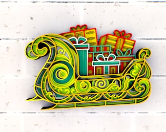 May include: A yellow, green, and red papercraft sleigh filled with colorful wrapped gifts. The sleigh has intricate details and a whimsical design.