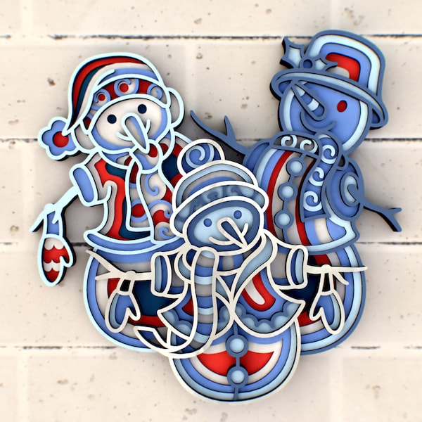 Christmas Family of Snowmen 3D Mandala svg files, Multilayer Panel for Laser Cutting, SVG files,  DXF Templates for CNC router