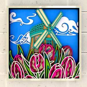 Molen en Tulpen in Holland 3D SVG Mandala-bestanden voor Cricut, Laser Cut-bestanden, DXF-sjablonen voor CNC-router, Spring Shadowbox svg