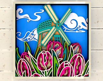 Mill and Tulips in Holland 3D SVG Mandala files for Cricut, Laser Cut files,  DXF Templates for CNC router, Spring Shadowbox svg