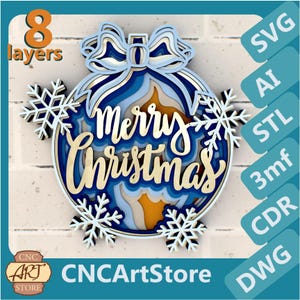 Weihnachtskugel Frohe Weihnachten 3D Mandala - Multilayer Ornament SVG-, DXF- und STL-Dateien für Laserschneiden, CNC- und 3D-Drucke