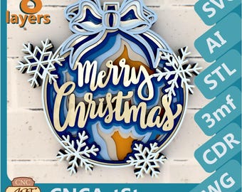 Christmas Ball Merry Christmas 3D Mandala — Multilayer Ornament SVG, dxf & STL Files for Laser Cutting, CNC and 3D Printing