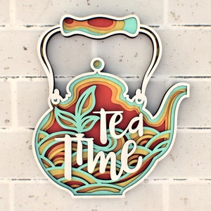 Tea Time theepot 3D gelaagde Cricut of lasergesneden bestand, keukencafé muur decor bestand voor Paper Crafting, SVG-bestanden, DXF voor CNC-router