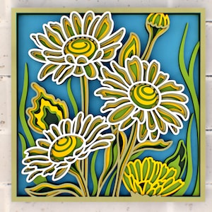File mandala SVG 3D con fiori di camomilla e margherite per Cricut, taglio laser o router CNC, file SVG / DXF / DWG / EPS / AI a 6 strati