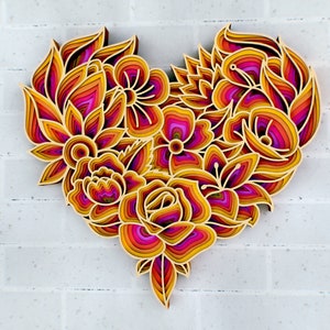 3D Floral Heart Mandala SVG Archivos, Panel de boda, Archivos para corte por láser, Panel decorativo multicapa, Archivos Laser Glowforge, Zentangle SVG