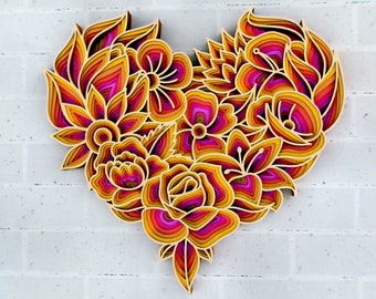 3D Floral Heart Mandala SVG-bestanden, bruiloft paneel, bestanden voor lasersnijden, meerlagig decoratief paneel, Laser Glowforge bestanden, Zentangle SVG