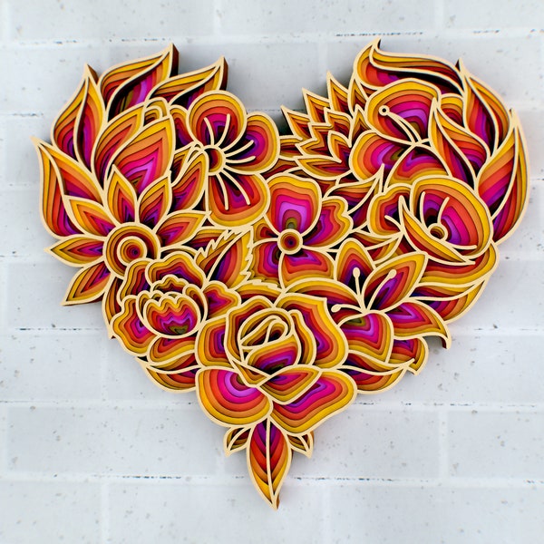 3D Blumenherz Mandala SVG-Dateien, Hochzeitspanel, Dateien für das Laserschneiden, mehrschichtiges dekoratives Panel, Laser Glowforge-Dateien, Zentangle SVG