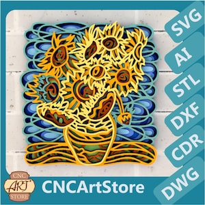 Van Gogh zonnebloemen 3D svg mandala-bestanden, meerlaags paneel voor lasersnijden, SVG-bestanden, DXF-sjablonen voor CNC-router, 3D-printer