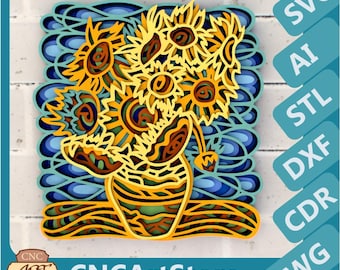Van Gogh Sunflowers 3D svg Mandala files, Multilayer Panel for Laser Cutting, SVG files,  DXF Templates for CNC router, 3D printer
