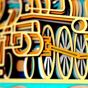 May include: A close-up of a wooden train engine with intricate details. The engine is painted in shades of yellow, orange, and brown, with black accents. The wheels are visible and have a layered design.