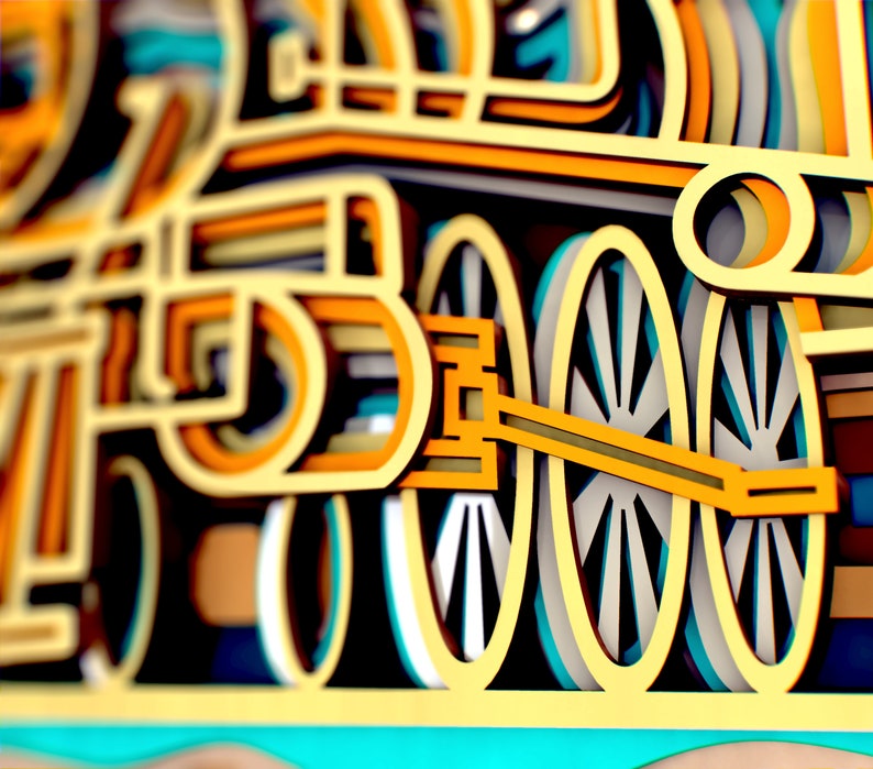 May include: A close-up of a wooden train engine with intricate details. The engine is painted in shades of yellow, orange, and brown, with black accents. The wheels are visible and have a layered design.