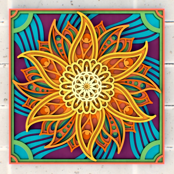 Mandala Sunflower 3D svg Fichiers Mandala, panneau multicouche pour la découpe laser, fichiers SVG, modèles DXF pour routeur CNC