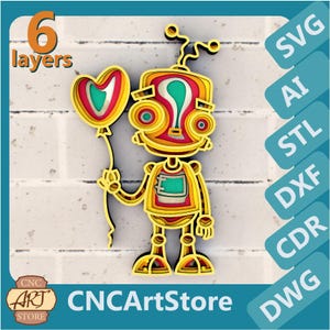 Robot with a Heart 3D Mandala SVG | Layered Laser Cut, Cricut & 3D Print Magnet Design | Cute Robot DXF Templates