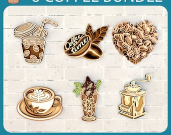 May include: A collection of six layered wooden coffee-themed designs. Includes a coffee cup, coffee beans, a heart of coffee beans, a latte, a frappe, and a coffee grinder. The text "6 COFFEE BUNDLE" is at the top.
