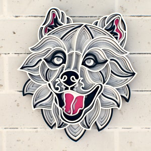 Chien Samoyède 3D SVG Layered Shadow Box ou fichiers de carte de voeux pour Cricut ou découpe au laser
