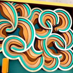 May include: Abstract art print featuring a layered design of swirling turquoise and brown lines. The print is framed in a yellow and brown frame.