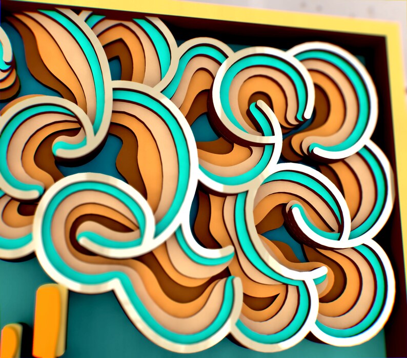 May include: Abstract art print featuring a layered design of swirling turquoise and brown lines. The print is framed in a yellow and brown frame.