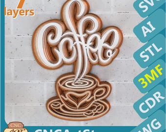 Cup and Coffee 3D Zentangle svg files, Multilayer Panel for Laser Cutting, SVG files,  DXF Templates for CNC router
