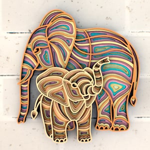 Elephants Mom And Child Mandala svg, Multilayer Panel for Laser Cutting, layered SVG files for CNC router Laser or Cricut image 1