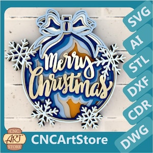 Bola de Navidad Feliz Navidad 3D Mandala archivos svg, Panel multicapa para corte por láser, archivos SVG, Plantillas DXF para enrutador CNC
