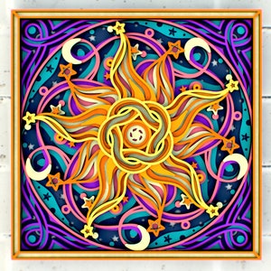 May include: A colorful, intricate sun design with a layered paper cut style. The sun is surrounded by stars and crescent moons on a dark blue background. The design is framed in a square with a light orange border.