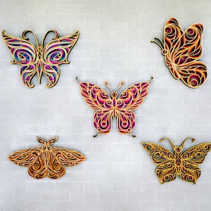 Piano CNC per farfalle 3D, taglio laser SVG Zentangle 3D, mandala multistrato per Glowforge, file SVG Mandala 3D per Cricut, arte murale in legno