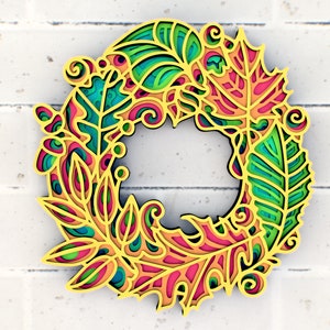 Fall Autumn Wreath of Leaves 3D Mandala svg files, Halloween wreath Papercut svg Layered 3d files,  DXF Templates for CNC router