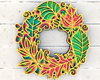 Fall Autumn Wreath of Leaves 3D Mandala svg files, Halloween wreath Papercut svg Layered 3d files,  DXF Templates for CNC router