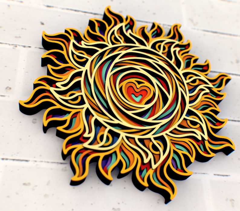 Sunny Heart 3D Mandala svg, Multilayer Panel for Laser Cutting, layered SVG files for CNC router Laser or Cricut image 8