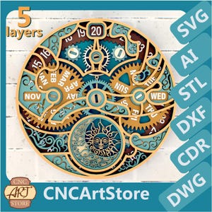 Puede incluir: Una esfera de reloj de madera de cinco capas, diseñada de forma intrincada, con engranajes, un sol y una luna, y un calendario. La esfera del reloj está en tonos de marrón, azul verdoso y dorado. El texto "CNCArtStore" es visible en la parte inferior de la imagen.