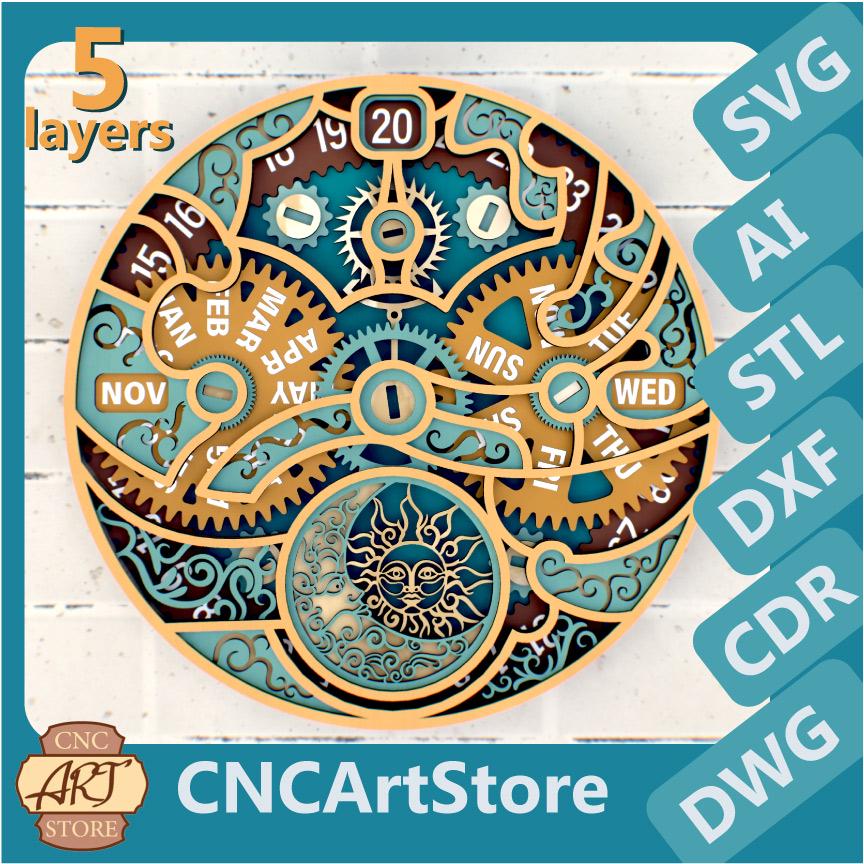 Perpetual Calendar Sun and Moon SVG | 3D Mandala Laser Cut Files | Papercut Design for CNC, STL file for 3D Printer | Unique Wall Art Decor