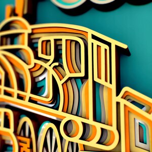 May include: A yellow, orange, and blue paper cut-out of a train engine with wheels. The engine is made of multiple layers of paper, creating a 3D effect.